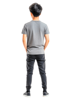 Young Boy Standing Back in Casual Gray T-Shirt and Black Pants png