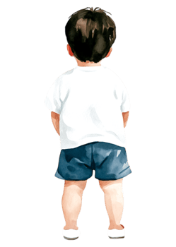 Child from behind in a white shirt and blue shorts, watercolor style png