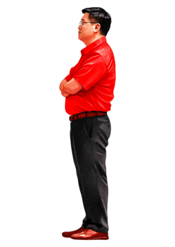 Person in Red Shirt Standing with Arms Crossed in Profile View png