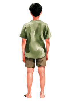Young Boy Standing Back View in Green Shirt and Shorts png
