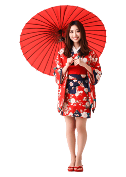 Beautiful Woman in Red Kimono Holding a Traditional Umbrella png