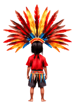 Young Indigenous Child with Colorful Feather Headdress from Behind png