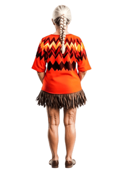 Senior Woman in Vibrant Costume with Braided Hair Facing Back png