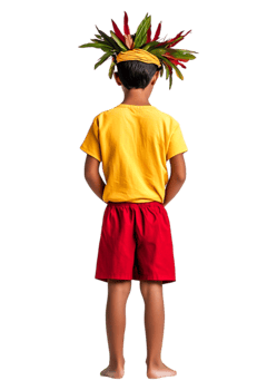 Child in Colorful Costume with Tropical Headpiece from the Back png