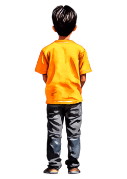 Young Boy in Bright Orange T-Shirt Standing Facing Away Outdoors png