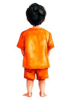 Young Boy in Orange Clothing Standing with Back to Viewer png