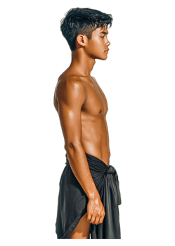 Young Man in Profile, Standing, Natural Pose with Shiny Skin png