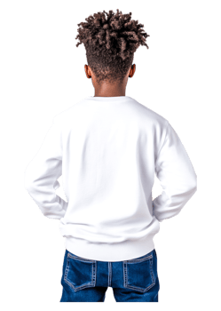 Young Boy in White Sweater Facing Away with Hands on Hips png