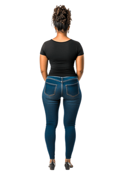 Woman in Black Top and Blue Jeans Posing from Behind in Studio png