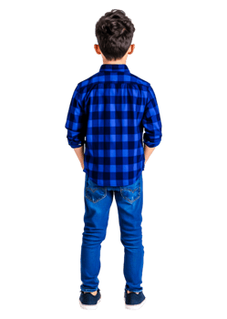 Boy in Blue Checkered Shirt with Hands in Pockets from Behind png