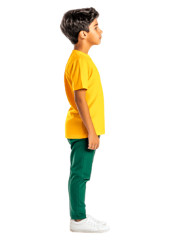 Young Boy in Yellow Shirt and Green Pants Standing in Profile View png