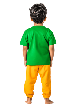 Child Wearing Colorful Outfit Stands in Back View with Bright Colors png