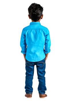 Young Boy in Blue Shirt and Jeans Standing with Back to Camera png