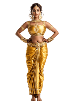 Elegant Woman in Traditional Yellow Saree with Intricate Jewelry png