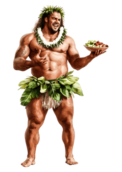 Traditional Polynesian Performer Smiling with Fruit Plate png