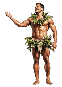 Male Dancer in Traditional Hawaiian Costume with Leaves and Smiles png