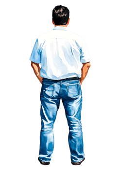Man Standing with Hands in Pockets Wearing Casual Outfit from Back png