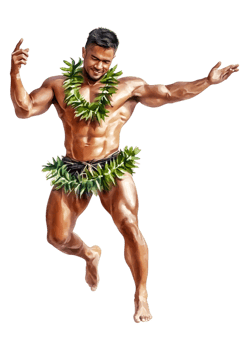 Energetic Male Dancer in Traditional Hawaiian Attire Celebrating Joy png
