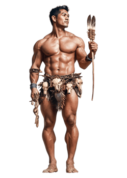 Strong Tribal Warrior Holding Feathered Spear in Primitive Costume png