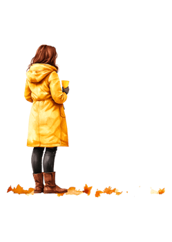 Woman in Yellow Coat Standing Among Fall Leaves in Autumn Scene png