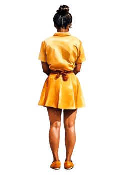 Young Woman in Yellow Dress Standing with Back Towards Viewer png