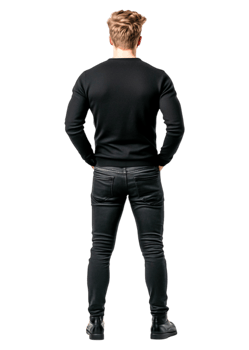 Man in Black Sweater and Jeans Posing with His Back Towards Camera png