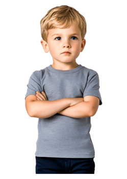 Young Boy with Hands Crossed in Gray T-Shirt on Plain Background png