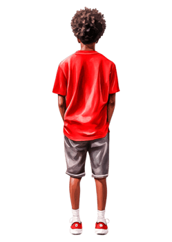 Young Boy in Red Shirt and Shorts Standing with Back to Viewer png