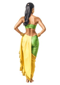 Elegant Woman in Traditional Green and Yellow Saree from Back View png