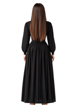 Long Black Dress with Flowing Skirt and Elegant Design from Behind png