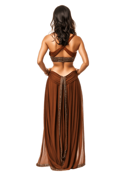 Elegant Woman in Brown Evening Dress with Back View Pose png