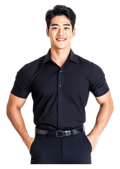 Young Man in Black Shirt Smiling Confidently with Hands on Hips png
