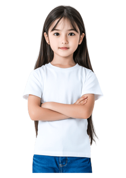 Young girl in white shirt, arms crossed, looking confident and poised png