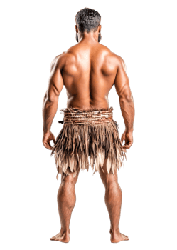 Strong Man in Traditional Skirt Displaying Muscular Back View png