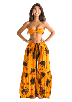 Young Woman in Tropical Outfit Smiling Against png