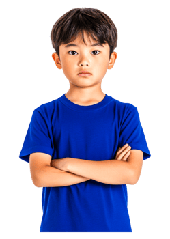 Serious young boy with crossed arms in a blue shirt, isolated background png