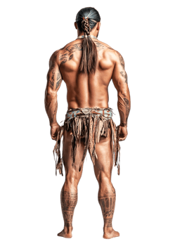 Strong Native American Male with Intricate Tattoos and Feather Skirt png