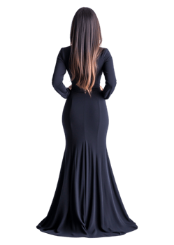 Elegant Woman in a Long Black Dress from the Back View png