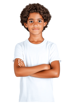 Confident Young Boy with Curly Hair and Arms Crossed in White Shirt png