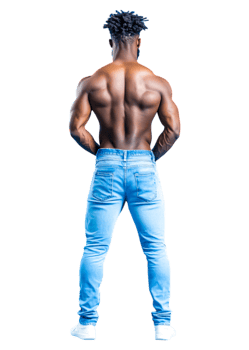 Muscular Man with Defined Back Posing in Blue Jeans from Behind png