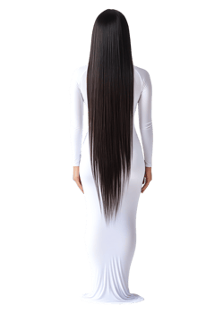 Elegant Woman with Long Straight Hair in a White Dress from Back png