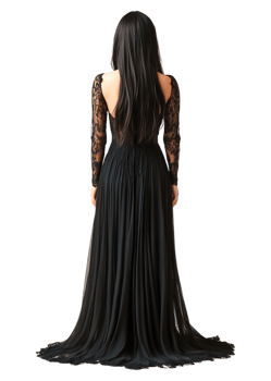 Elegant Woman in Black Dress with Lace Sleeves from the Back png
