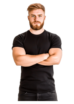 Confident young man with arms crossed and serious expression png