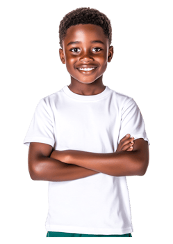 Happy Smiling Boy with Short Curly Hair and Arms Crossed png