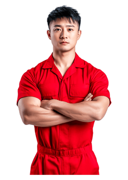 Confident Male in Red Uniform with Arms Crossed Against png
