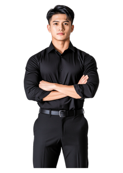 Confident Young Man in Black Shirt Standing with Arms Crossed png
