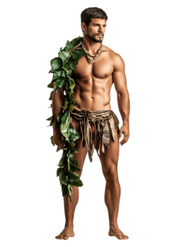 Strong Male Figure in Natural Attire Surrounded by Greenery png