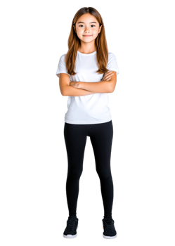 Confident young girl standing with arms crossed in casual outfit png