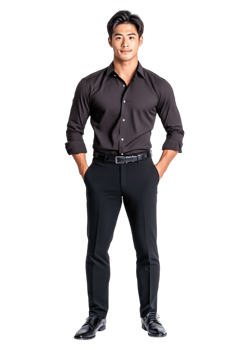 Confident businessman in black attire standing with hands on hips png
