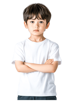 Serious young boy with brown hair wearing plain white t-shirt png